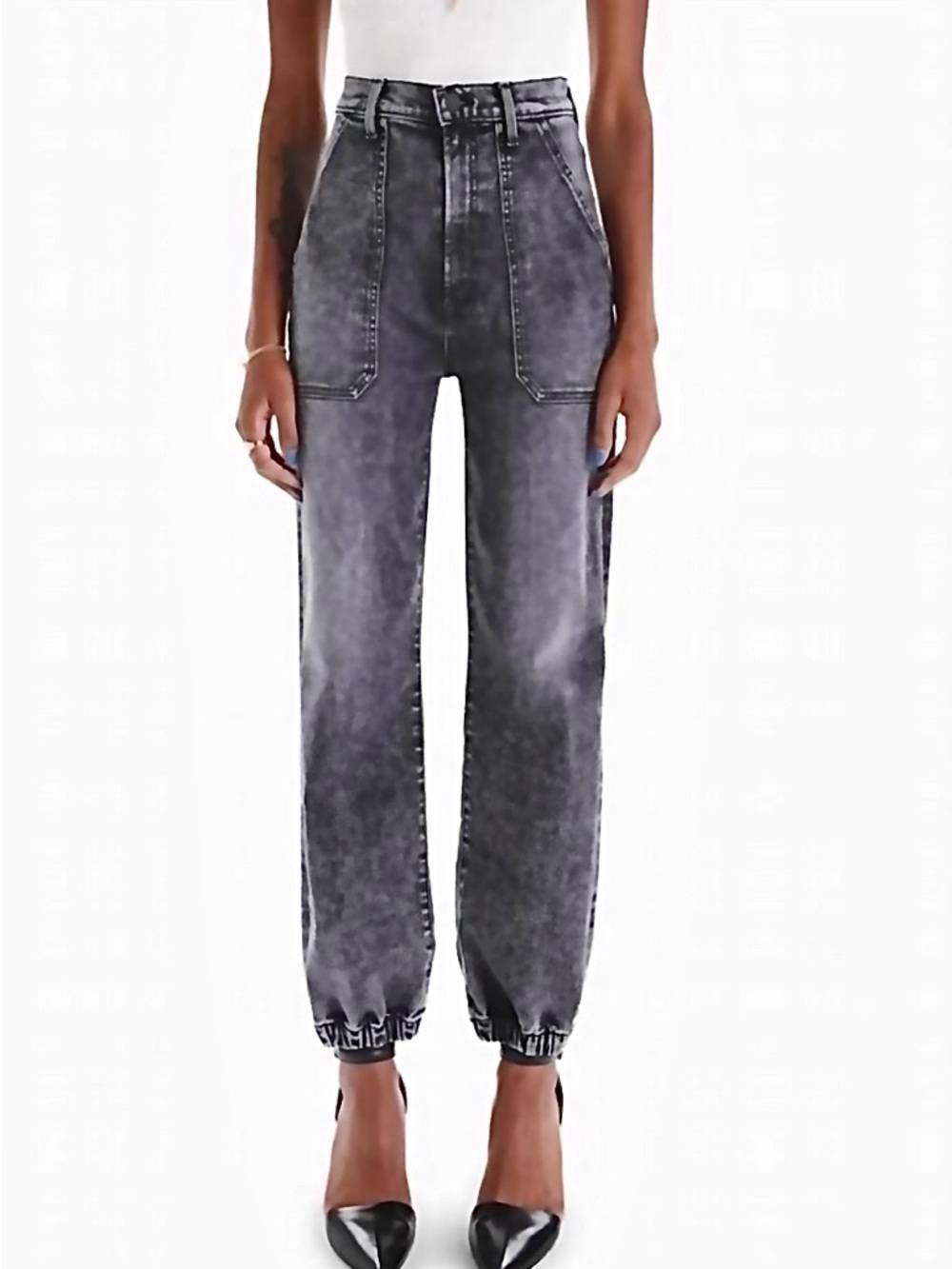 MOTHER Denim Wrapper Patch Springy Ankle Jeans black mineral wash Train Stops